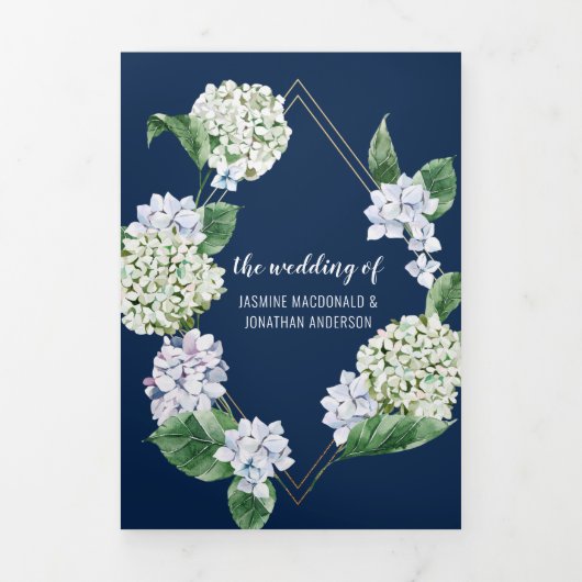 Blue Green White Hydrangeas op marineverbinding Drieluik Uitnodiging (Cover)