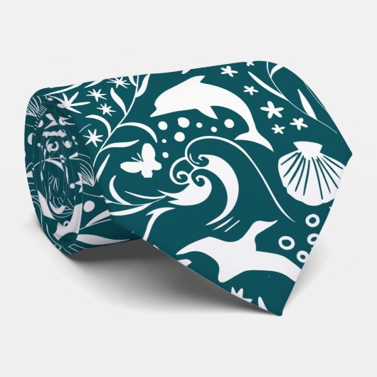 Blue Green White Ocean Pattern Dolphin Wave Shell Stropdas (Opgerold)