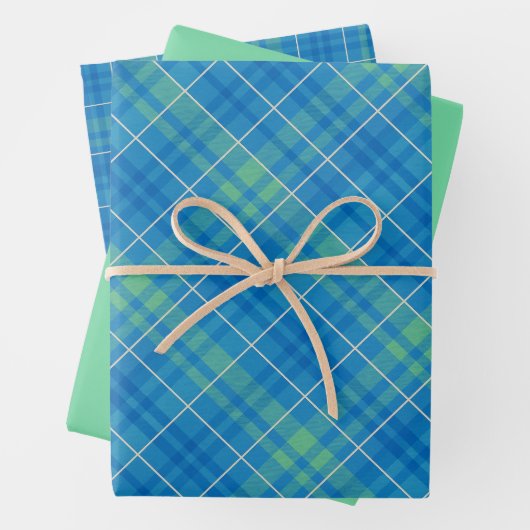Blue, Green & White Plaid Inpakpapier Vel (In situ)