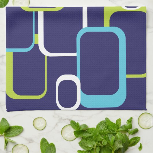 Blue Green White Retro Squares Patroon Theedoek (Gevouwen)