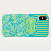 Blue, Green, White Striped Damask iPhone X Hoesje (Achterkant (horizontaal))