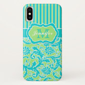 Blue, Green, White Striped Damask iPhone X Hoesje (Achterkant)