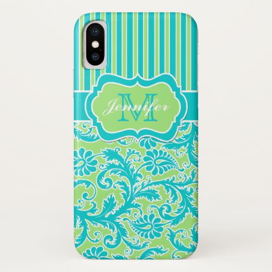 Blue, Green, White Striped Damask iPhone X Hoesje (Achterkant)