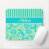 Blue Green White Striped Damask Monogram Mousepad Muismat (Met muis)