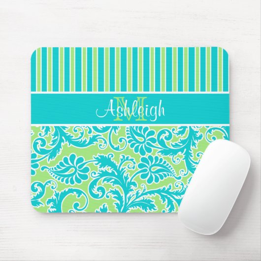 Blue Green White Striped Damask Monogram Mousepad Muismat (Met muis)