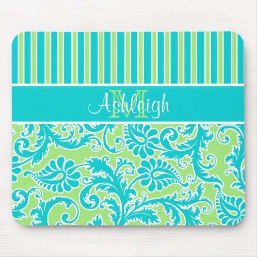 Blue Green White Striped Damask Monogram Mousepad Muismat (Voorkant)