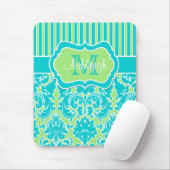 Blue Green White Striped Damask Monogram Mousepad Muismat (Met muis)