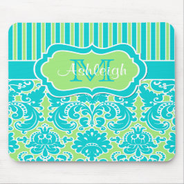 Blue Green White Striped Damask Monogram Mousepad Muismat