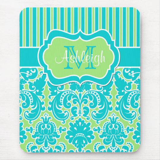 Blue Green White Striped Damask Monogram Mousepad Muismat (Voorkant)