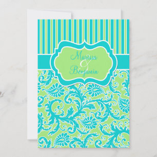 Blue Green White Striped Damask Wedding Invite Kaart