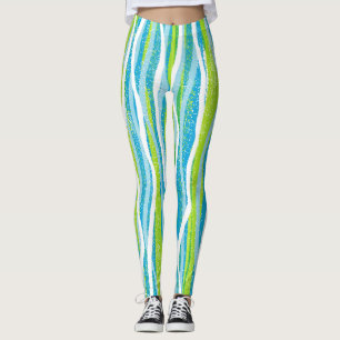 Blue Green White Striped Quality Workout Leggings