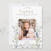 Blue Green White Winter Floral Foto Kerstmis Kaart (Voorkant)