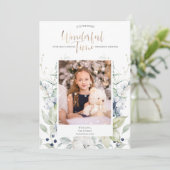 Blue Green White Winter Floral Foto Kerstmis Kaart (Staand voorkant)