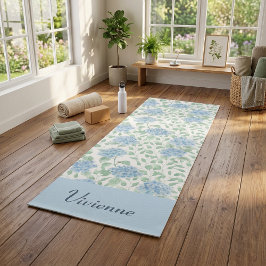Blue Green Wildflower Watercolor Custom Name Yogamat