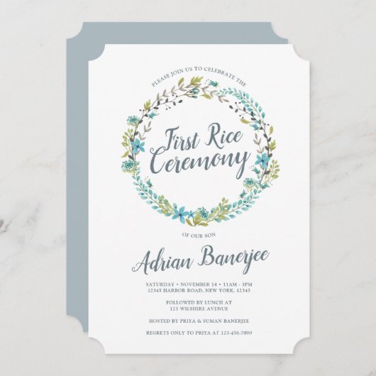 Blue Green Wreath First Rice Ceremony Kaart (Voorkant / Achterkant)