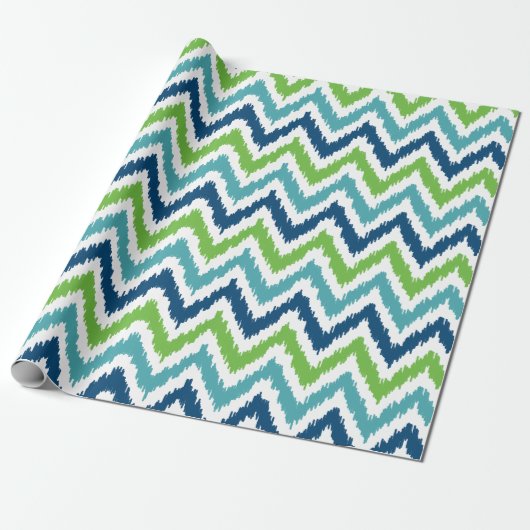 Blue Green Zigzags Ikat Pattern Cadeaupapier (Uitgerold)