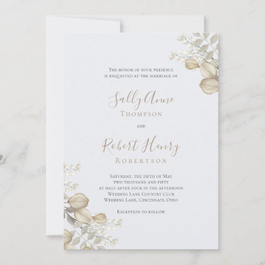 Blue Greenery Elegant Script Wedding Kaart (Voorkant)