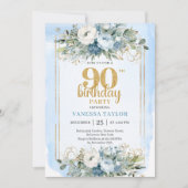 Blue Greenery Gold Glitter 90th Birthday Invites Kaart (Voorkant)