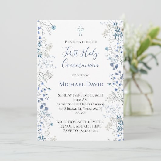 blue greenery watercolor First Communion boy Kaart (Staand voorkant)