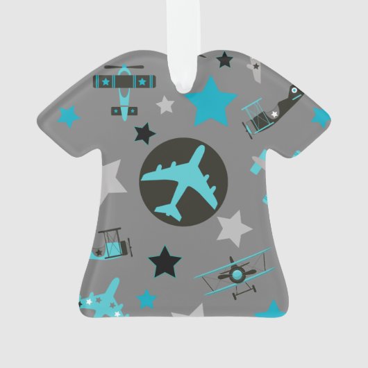 Blue Grey Airplanes Pattern Personalized Ornament (achterkant)