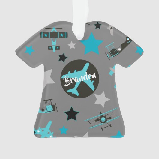 Blue Grey Airplanes Pattern Personalized Ornament (voorkant)