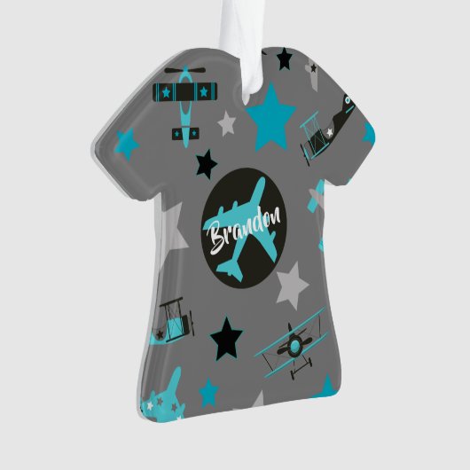 Blue Grey Airplanes Pattern Personalized Ornament (voorkant)