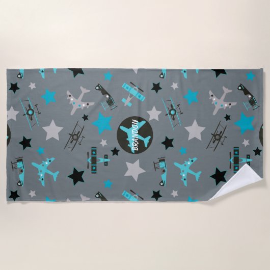 Blue Grey Airplanes Pattern Personalized Strandlaken (Voorkant)