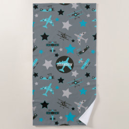 Blue Grey Airplanes Pattern Personalized Strandlaken