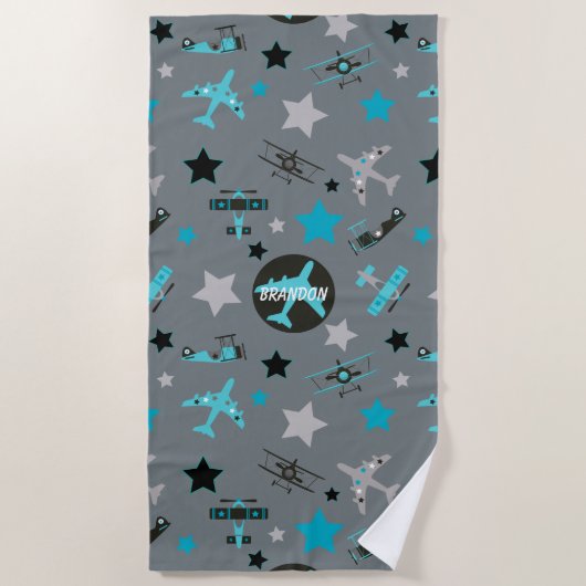 Blue Grey Airplanes Pattern Personalized Strandlaken (Voorkant)