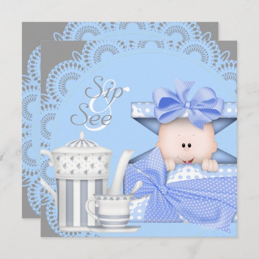 Blue Grey Baby Boy Sip en zie Uitnodigingen (Voorkant / Achterkant)