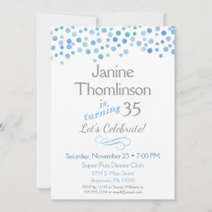 Blue Grey Birthday Invitation Confetti Waterverf Kaart