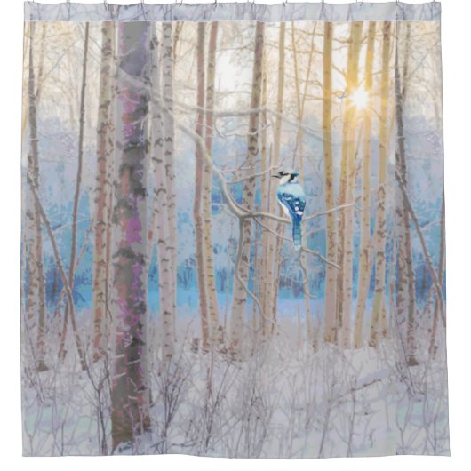 Blue Grey Blue Jay Bird Forest Trees Art Douchegordijn (Voorkant)