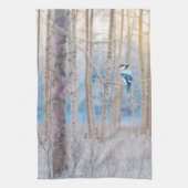 Blue Grey Blue Jay Bird Forest Trees Art Theedoek (Verticaal)