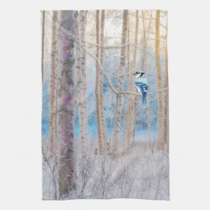 Blue Grey Blue Jay Bird Forest Trees Art Theedoek