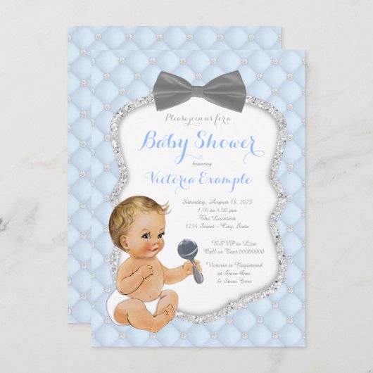 Blue Grey Bow Stropdas Boy Baby shower Kaart (Voorkant / Achterkant)