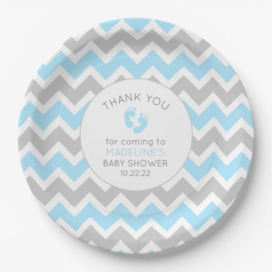 Blue Grey Boy baby shower tafeldecor, papieren bor Bordje (Voorkant)