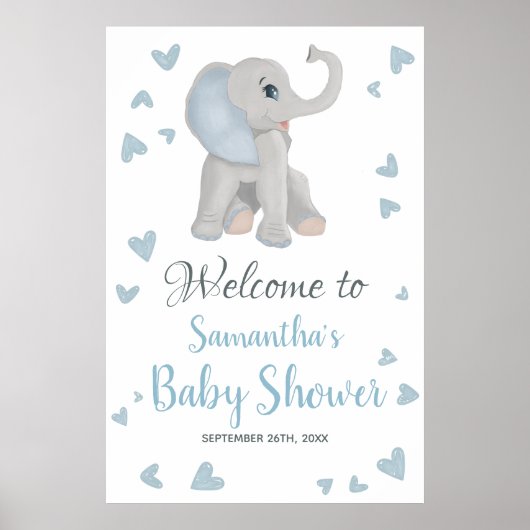 Blue Grey Boy Elephant Baby shower Welcome Sign Poster (Voorkant)