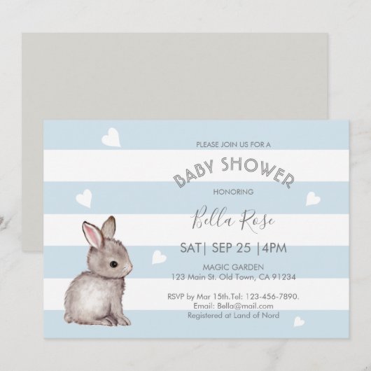 Blue Grey Bunny Baby Shower-uitnodigingen Kaart (Voorkant / Achterkant)