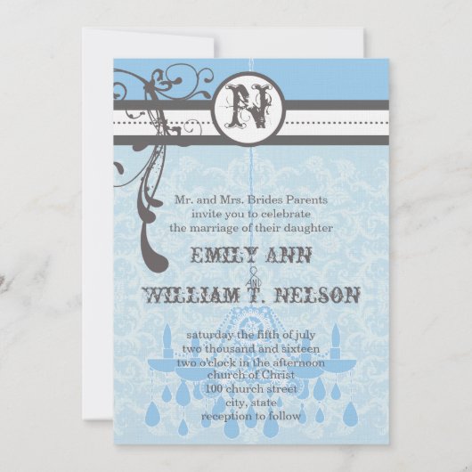 Blue & Grey Chandelier Damask Your Photo Kaart (Achterkant)