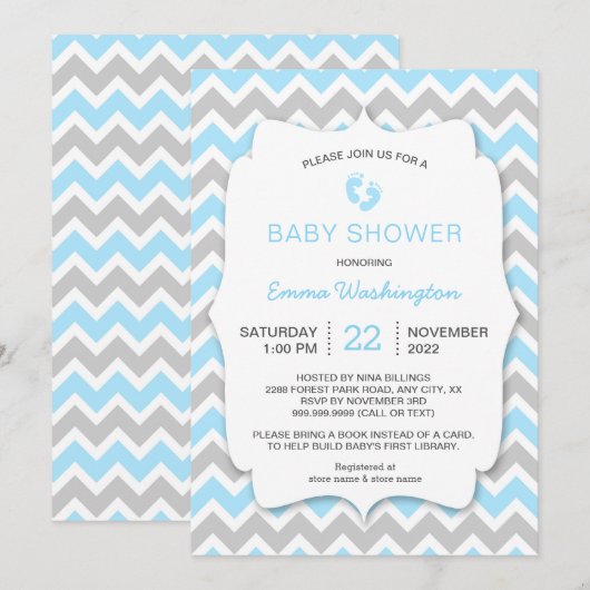 Blue Grey Chevron Baby shower uitnodiging (Voorkant / Achterkant)