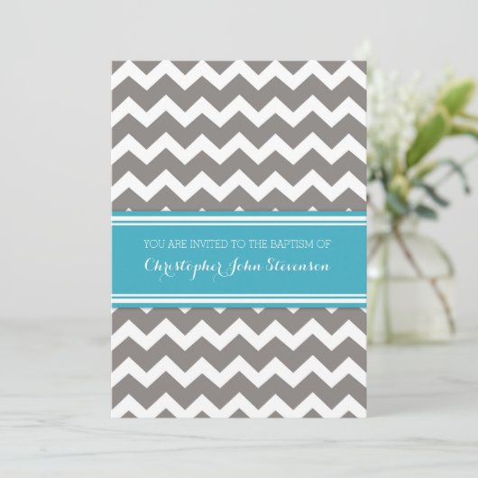 Blue Grey Chevron doop uitnodiging (Staand voorkant)
