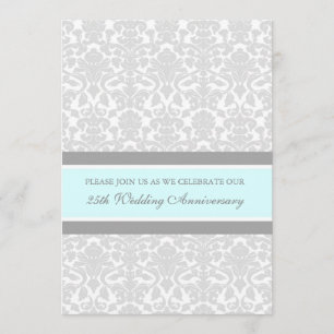 Blue Grey Damask 25th Jubileum Party Invitation Kaart