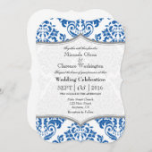 Blue Grey Damask Bracket Wedding Invite Kaart (Voorkant / Achterkant)