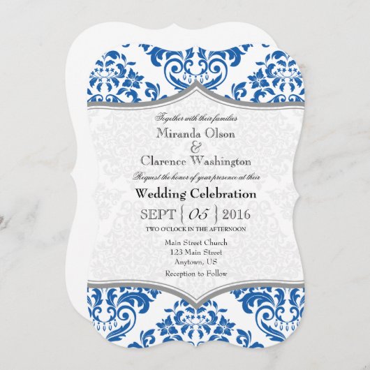 Blue Grey Damask Bracket Wedding Invite Kaart (Voorkant / Achterkant)