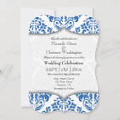 Blue Grey Damask Bracket Wedding Invite Kaart (Voorkant)