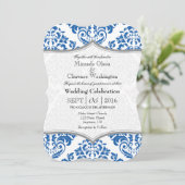 Blue Grey Damask Bracket Wedding Invite Kaart (Staand voorkant)