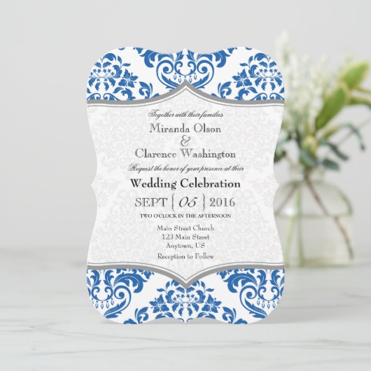 Blue Grey Damask Bracket Wedding Invite Kaart (Staand voorkant)