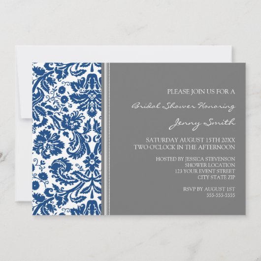 Blue Grey Damask Bridal Shower Invitation Kaart (Achterkant)