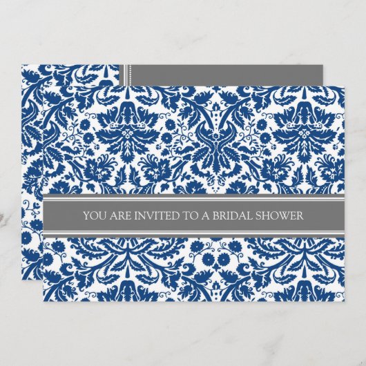Blue Grey Damask Bridal Shower Invitation Kaart (Voorkant / Achterkant)