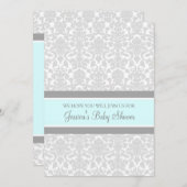 Blue Grey Damask Custom Baby Shower Invitaties Kaart (Voorkant / Achterkant)